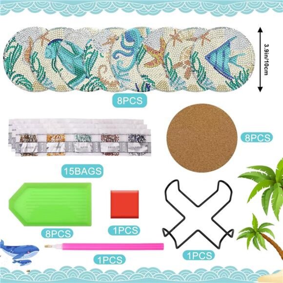Ocean Diamond Art Painting Coaster Kit, 8Pcs DIY Crafts Kit with HolderNon Slip - Picture 2 of 7
